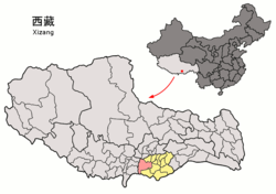 Location of Nagarzê County (red) within Shannan City (yellow) and Tibet