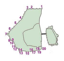 Tweede stadsmuur met Lindenkruispoort (4) tussen Boschkat (3) en kat Hoog Frankrijk (5)