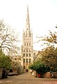 Full-length shot of the tower & spire of Norwich Cathedral, showing original medieval base & later addition of spire