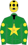 Green, yellow star and spots on sleeves, yellow cap, black spots