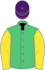 Emerald green, yellow sleeves, purple cap