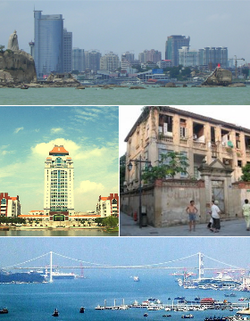 Yukarıdan: Xiamen Şehir Merkezi, Xiamen Üniversitesi, Gulangyu Adası'nda bir ev ve Haicang Köprüsü
