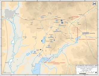 Map showing the French advance in blue lines and the defeated Allied armies in red lines, moving away (to the east) from the battlefield.