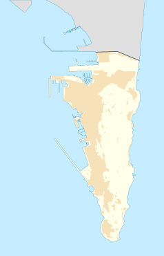 Mapa konturowa Gibraltaru, blisko dolnej krawiędzi nieco na prawo znajduje się punkt z opisem „Europa Point Stadium”