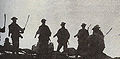 Silhouettes showing underequipped Chinese soldiers armed with traditional swords, in the Defense of the Great Wall