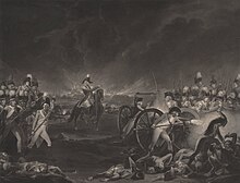 Image showing soldiers on foot, artillery, and officers on horses advancing across a field with a burning town in the background