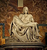 Pietà; de Michelangelo; 1498–1499; marmură; 517 cm × 199 cm; Bazilica Sfântul Petru (Vatican)