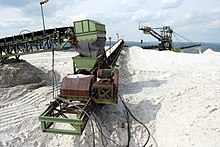 Auf dem Gipfelplateau wird das ankommende Steinsalz mit Förderbändern zu einem Absetzer transportiert.