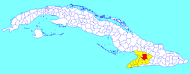 Bayamo municipality (red) within Granma Province (yellow) and Cuba