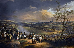 Colored painting showing Napoleon receiving the surrender of General Mack, with the city of Ulm in the background.