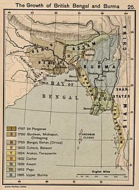 बंगाल और बर्मा में ब्रिटिश शासन का विकास दर्शाता मानचित्र