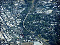 An aerial image of the Interstate 5 viaduct in Medford, Oregon