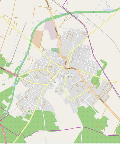 Mapa konturowa Ostrowi Mazowieckiej, po prawej nieco u góry znajduje się punkt z opisem „Ostrów Mazowiecka Miasto”