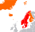 Βόρειες χώρες (πορτοκαλί και κόκκινο) και Σκανδιναβικές μοναρχίες (κόκκινο)
