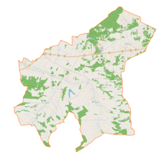 Mapa konturowa gminy Skrzyszów, po lewej znajduje się punkt z opisem „Skrzyszów”