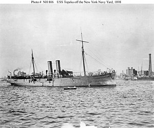 A ship with two masts and two funnels at anchor