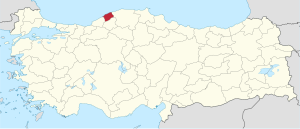 Bartın highlighted in red on a beige political map of Turkeym