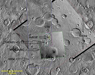 Composite demonstrating relative resolution of seven different cameras that imaged Mars:HiRISE (Mars Reconnaissance Orbiter), THEMIS VIS (Mars Odyssey), MOC-WAC (Mars Global Surveyor), HRSC (Mars Express), CTX (Mars Reconnaissance Orbiter), Viking, Mariner 4. Location is Memnonia quadrangle.