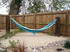 Nylon hammock, residential backyard.