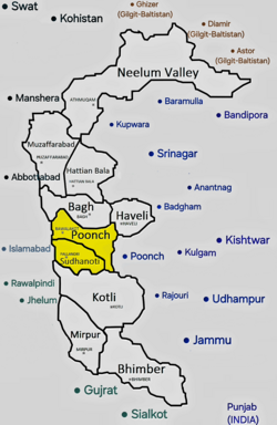 A map showing Poonch district shaded in Yellow along with Sudhanoti district