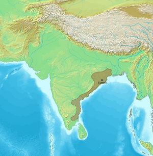 The dynasty's greatest extent under Kapilendra Deva, with briefly held territories in a lighter colour and dashed border[1]