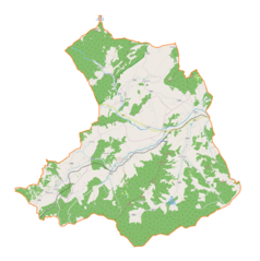 Mapa konturowa gminy Stryszawa, na dole znajduje się czarny trójkącik z opisem „Kobyla Głowa”