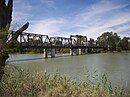 View from below of Abbotsford Bridge's truss structure