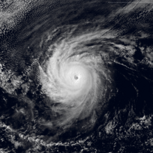 A photograph of a powerful hurricane over the Eastern Pacific Ocean; the hurricane has a well-defined eye surrounded by a circular ring of deep convection, with several small rainbands spiraling outward