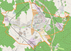 Mapa konturowa Polkowic, w centrum znajduje się punkt z opisem „Stadion Miejski w Polkowicach”