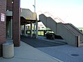 The stairs for the bleachers attached to the Schaefer Athletic and Recreation Center (seen on the left) at Stevens Institute of Technology.