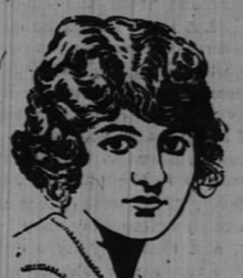 Drawing of a young woman with short, dark, wavy hair.