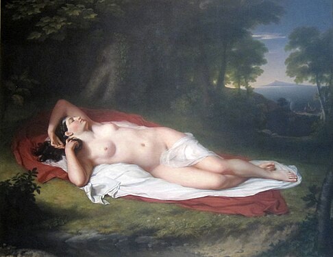 Ariadne Asleep on the Island of Naxos (1808–1812) by John Vanderlyn. The painting was initially considered too sexual for display in the Pennsylvania Academy of the Fine Arts. "Although nudity in art was publicly protested by Americans, Vanderlyn observed that they would pay to see pictures of which they disapproved."[27]