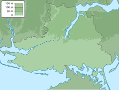 Mapa konturowa obwodu chersońskiego, blisko lewej krawiędzi na dole znajduje się punkt z opisem „Kosa Tendrowska”