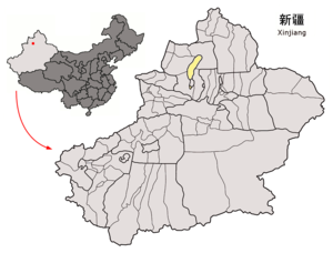 Karamay'ın Sincan Uygur Özerk Bölgesideki konumu (sarı)
