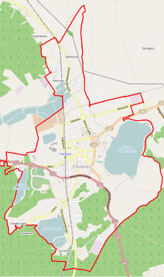 Mapa konturowa Chodzieży, w centrum znajduje się punkt z opisem „Chodzież”