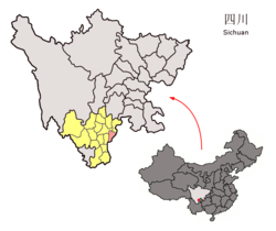Location of Jinyang County (pink) and Liangshan Prefecture (yellow) within Sichuan