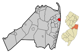 Map of Monmouth Beach in Monmouth County. Inset: Location of Monmouth County highlighted in the State of New Jersey.