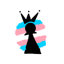 A logo depicting a black pawn with a crown above in front of a trans flag.