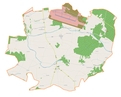 Mapa konturowa gminy Buczek, u góry znajduje się punkt z opisem „32 Baza Lotnicza”