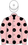 Pink, black spots, white cap