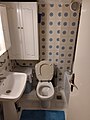 A toilet room in Greece constructed in the 70's with a modern style flush toilet
