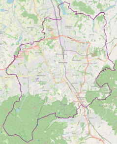 Mapa konturowa Bielska-Białej, w centrum znajduje się punkt z opisem „Osiedle Mieszka I”