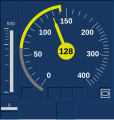 Tachoscheibe während einer Bremsung innerhalb der Bremskurve (Target Speed Monitoring). Die Zielgeschwindigkeit, die in 930 m erreicht sein muss, beträgt 60 km/h.