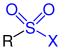Allgemeine Struktur der Sulfonsäurehalogenide mit dem blau markierten Halogensulfonyl-Rest