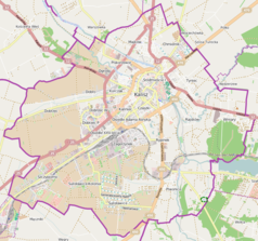 Mapa konturowa Kalisza, u góry po lewej znajduje się punkt z opisem „Archiwum Państwowe w Kaliszu”