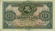 Eine Banknote von 10 litauischen Litas mit Vytis und den Säulen der Gediminas, 1927