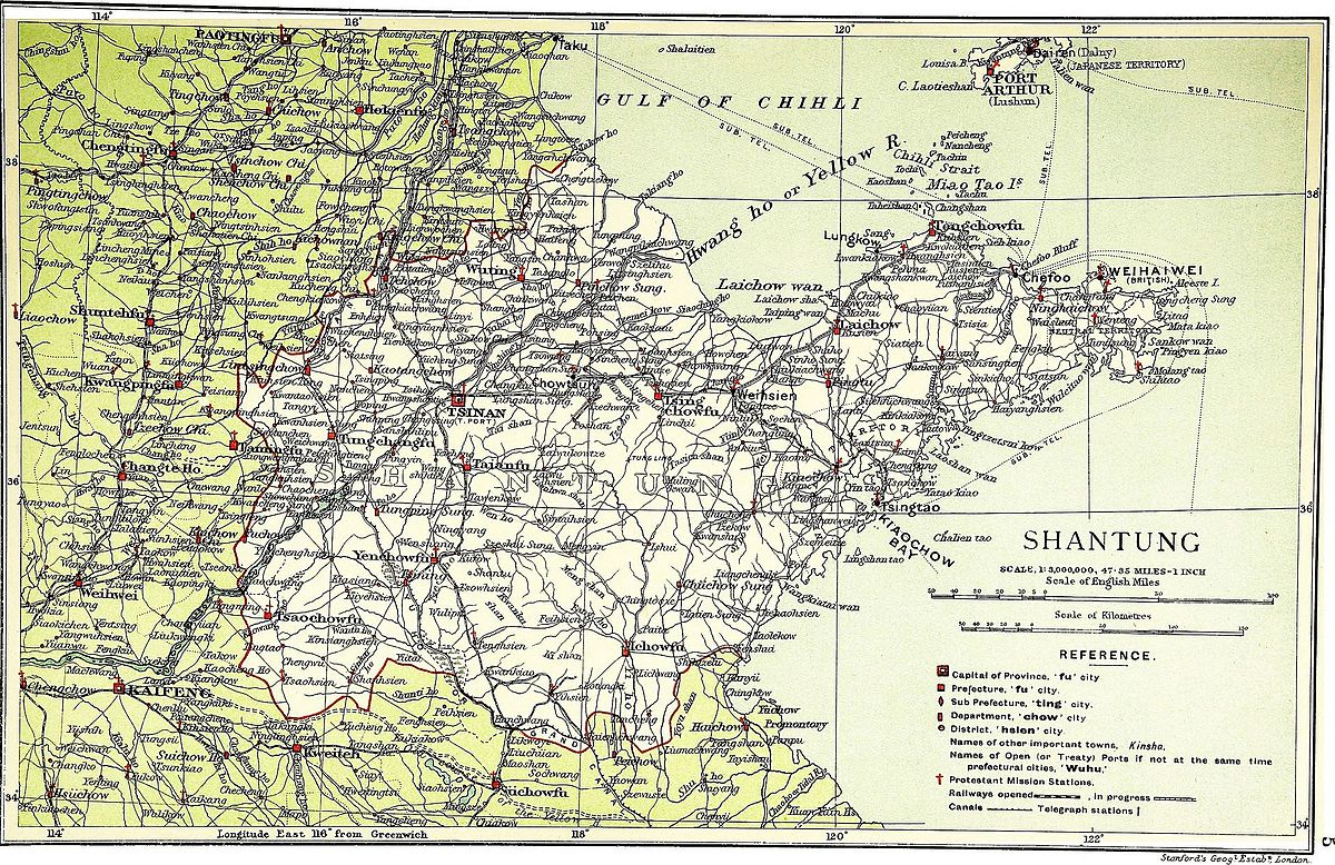 Map of the eastern Shandong Peninsula from 1917, showing its road network and rivers. Liu Zhennian's de facto capital Zhifu ("Chefoo") was only accessible by few land routes.