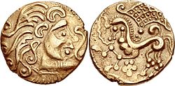 Νόμισμα των Παρίσιων (Parisii), με την κελτική εκδοχή της παράστασης, 2ος αιώνας π.Χ.