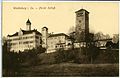 Schloss Waldenburg nach dem Umbau 1909/12, Dach und Fassade wurden neu gestaltet und der Bergfried durch einen Anbau samt Wintergarten in die bestehende Anlage integriert (Aufnahme von 1912)