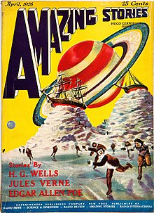 couverture en couleur de la revue titrée Amazing Stories d'avril 1926 représentant des patineurs devant une gigantesque planète avec anneaux.